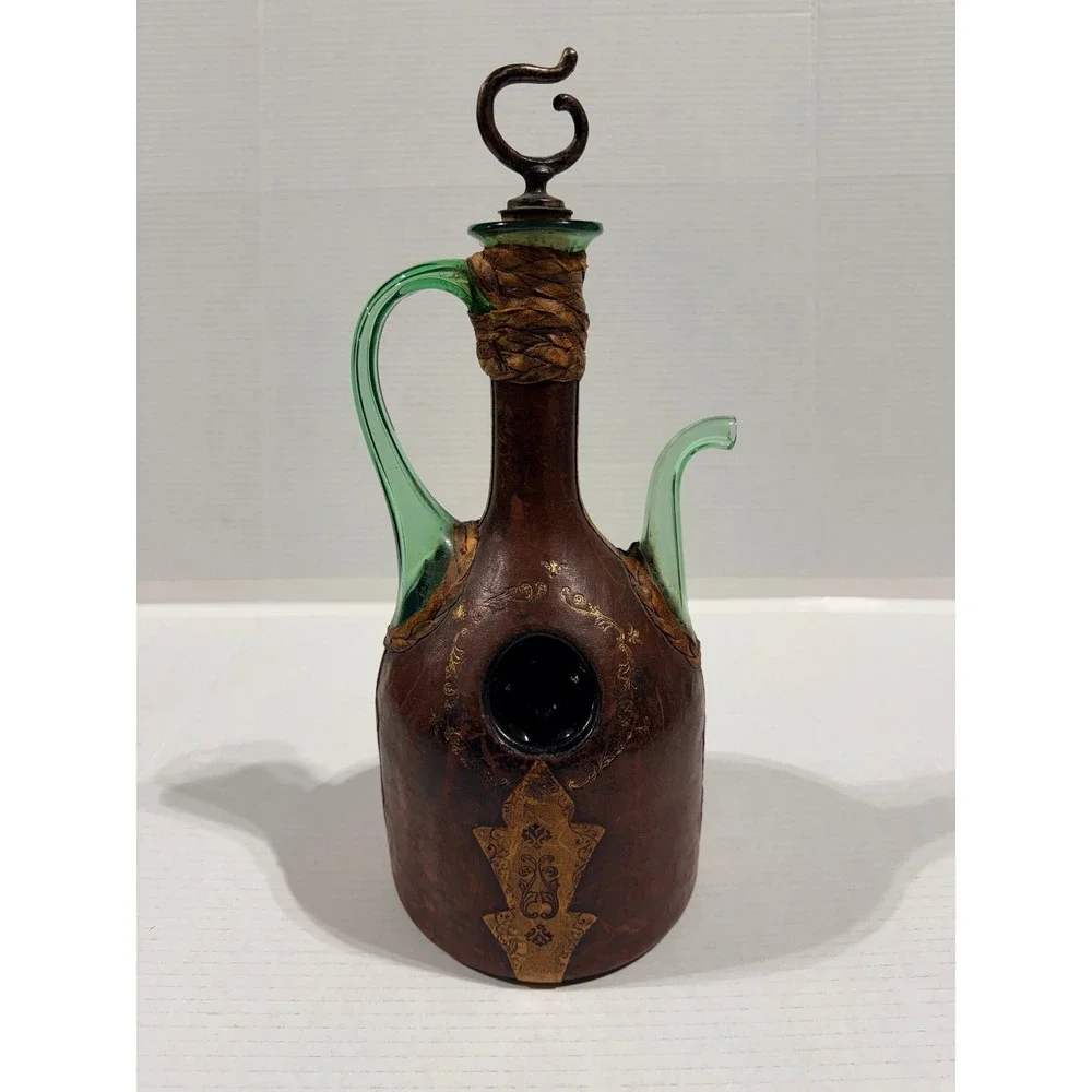 Vintage MCM Italian‎ Leather Wrapped Green Glass Decanter Bottle - 14.5